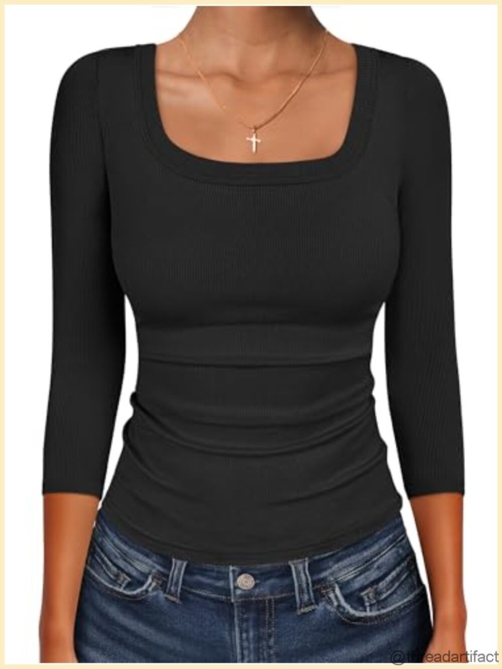 Womens 3/4 Sleeve Scoop Neck Ribbed Knit Fitted Tee Shirt Casual Basic Top